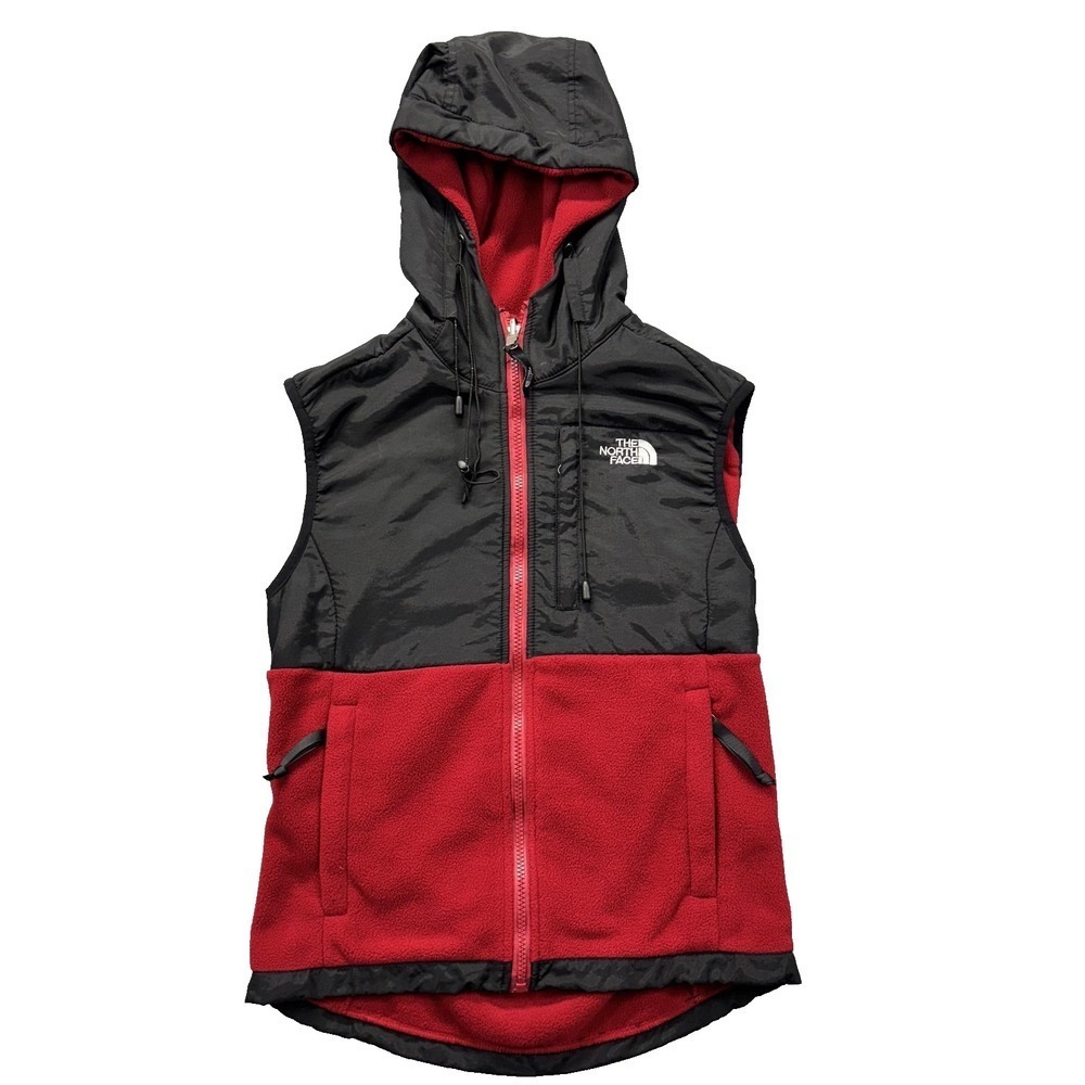 North Face Vest Womens Small Black Red Hooded Fleece Polartec Recycled Zip Up